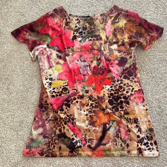 Y2k Floral & Cheetah Print Flowy Pink and Brown Rhinestones Top w Sheer Sleeves - Picture 8 of 10